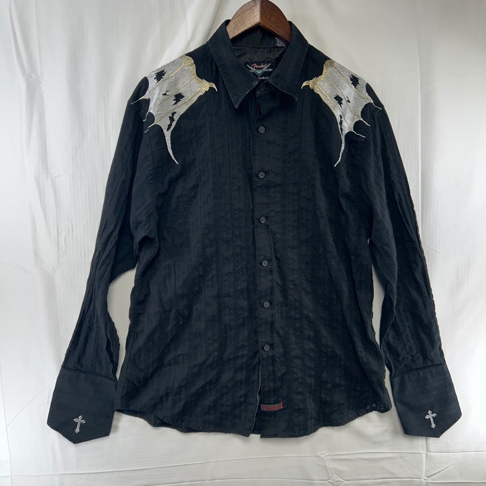 Fender Custom Shop Button Down Shirt Mens L Black Embroidered Rock Roll Religion